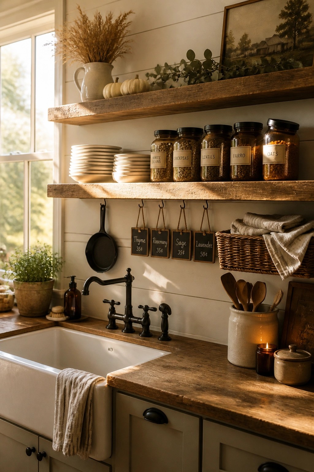 Rustic kitchen interior with two wooden floating shelves holding stacks of white plates and labeled glass jars of beans, chickpeas, lentils, farro, and oats above a white farmhouse sink with black faucet.