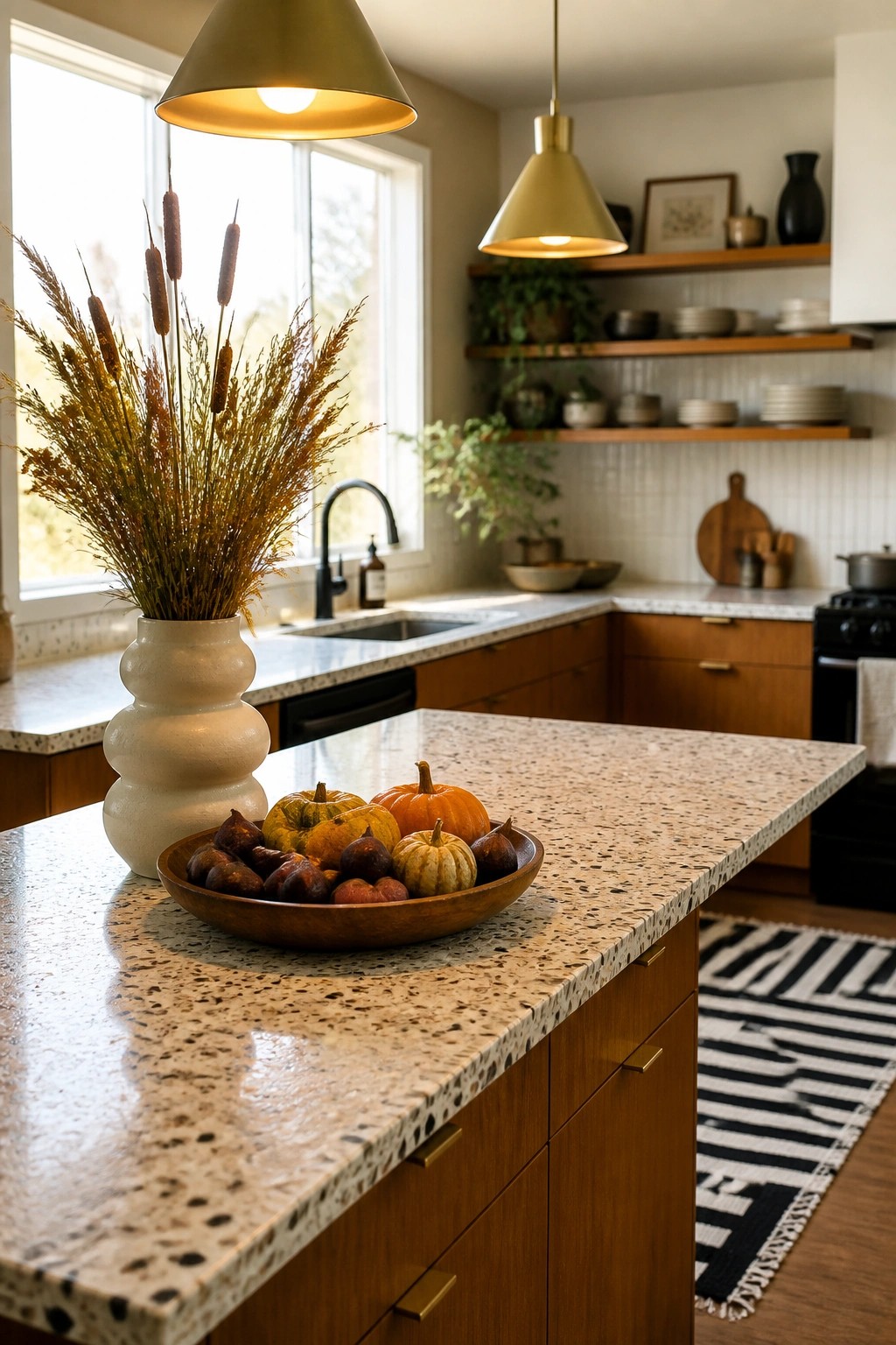 Modern kitchen island with wooden bowl of pumpkins, figs, and vase of dried grasses