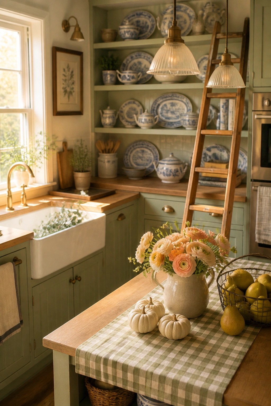 A kitchen interior with sage green cabinets, a white farmhouse sink under a window, open shelves holding blue and white dishes, a wooden ladder, and a table covered by a green gingham runner with small white pumpkins, a vase of flowers, and a basket of pears.