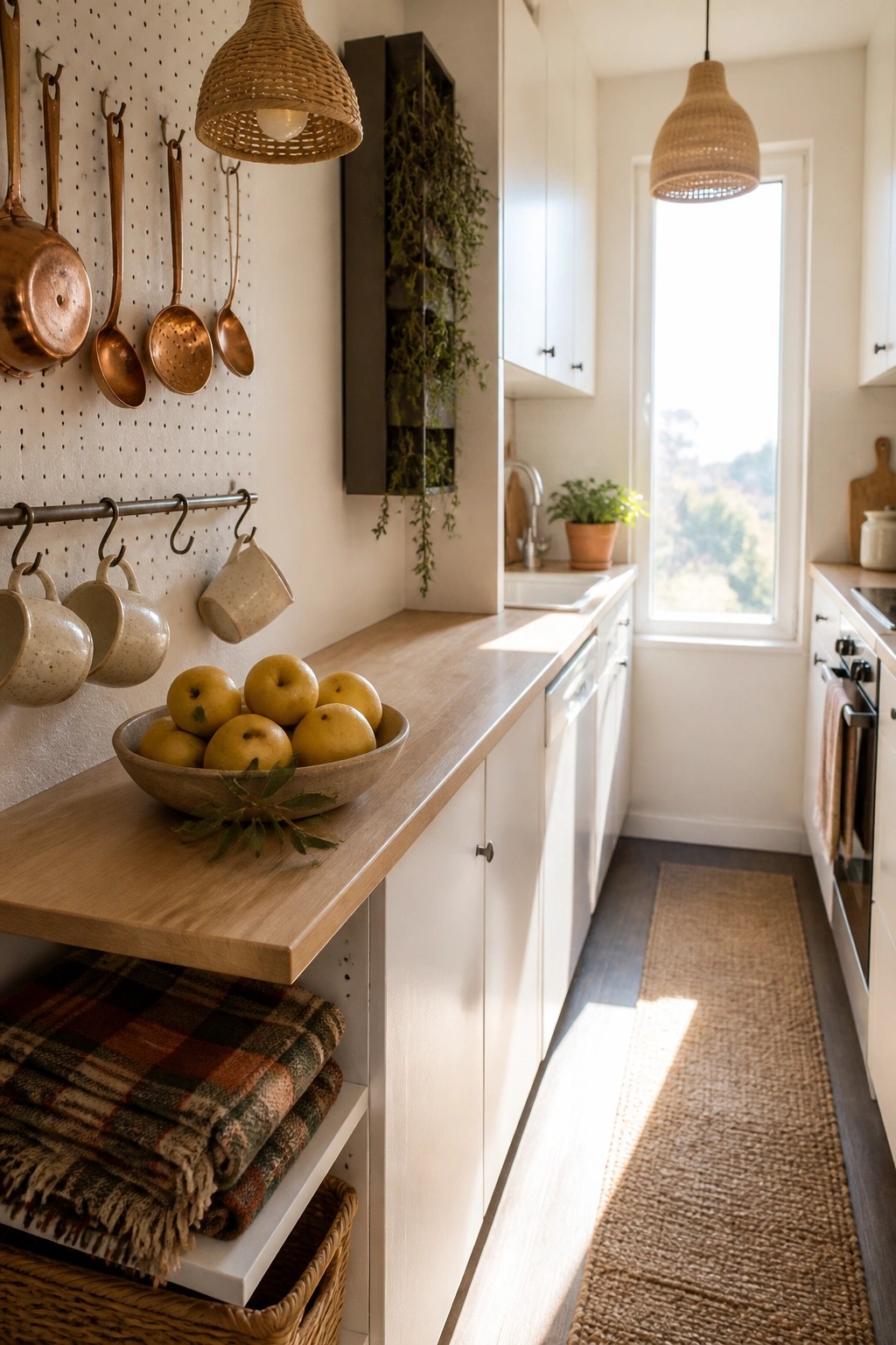 A kitchen interior with a white pegboard wall holding copper utensils and mugs above a wooden countertop with a bowl of apples and stacked blankets in a basket below.