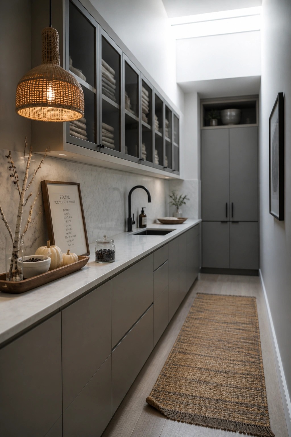 A modern kitchen with gray cabinets, white marble countertop, black faucet, and a few small pumpkins with a framed recipe card on the counter.