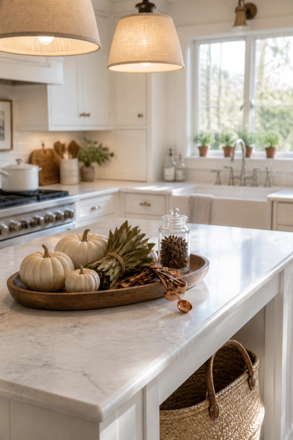 A white marble kitchen island holds a wooden tray with small white pumpkins, dried leaves, a glass jar of cloves, and copper measuring spoons.