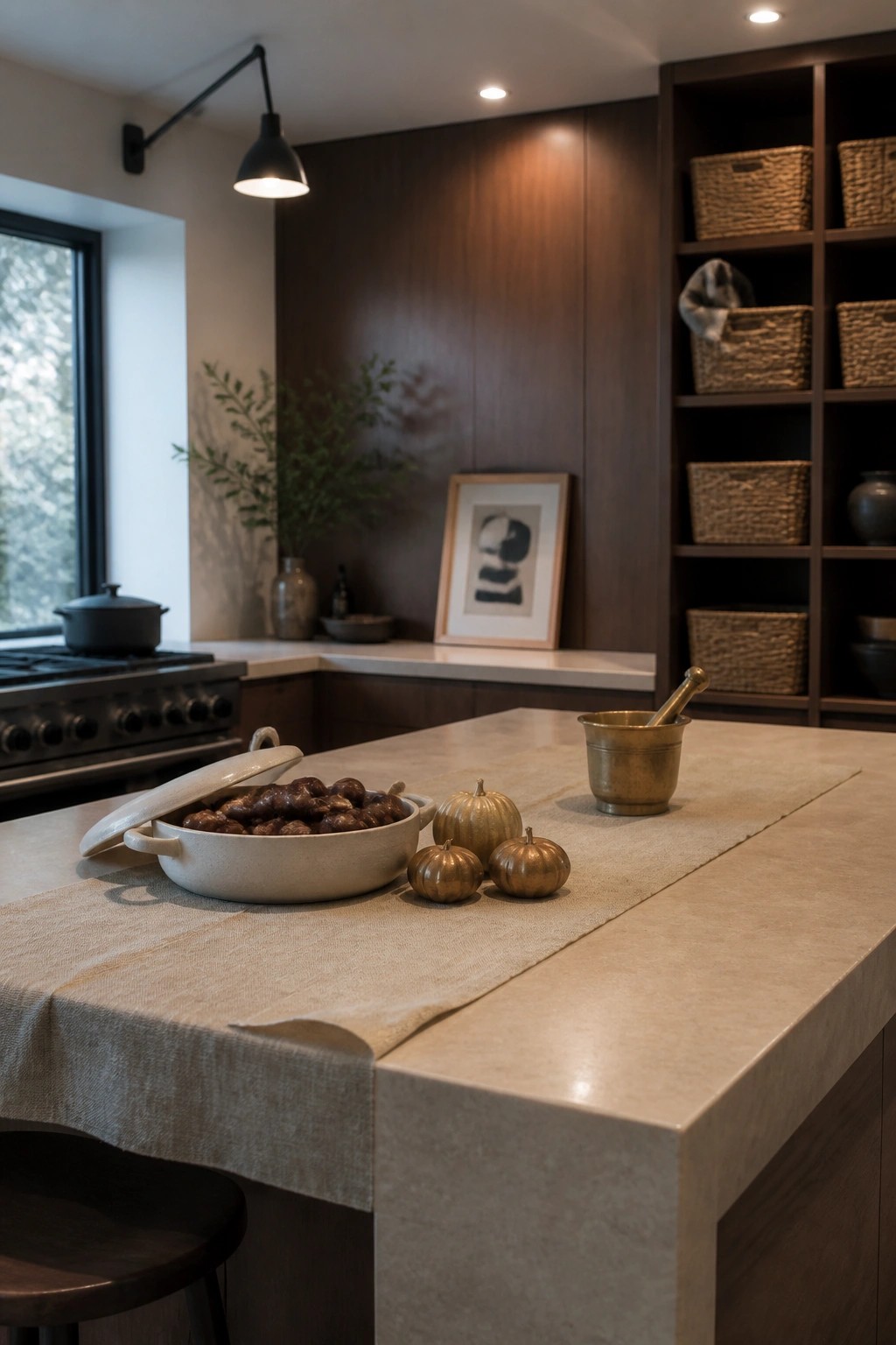 A kitchen island with a beige linen runner holding a lidded pot of chestnuts, three small metallic pumpkins, and a brass mortar and pestle.