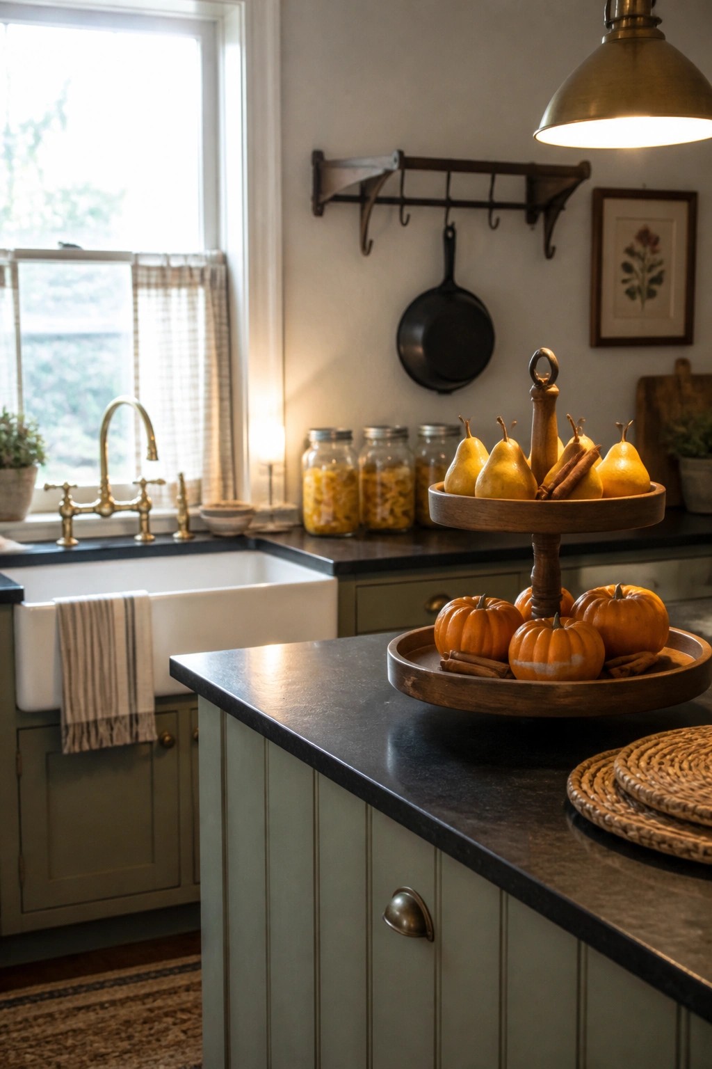 A kitchen interior with green cabinets, a white farmhouse sink, and dark countertops featuring two wooden tiered trays holding small orange pumpkins and yellow pears with cinnamon sticks.