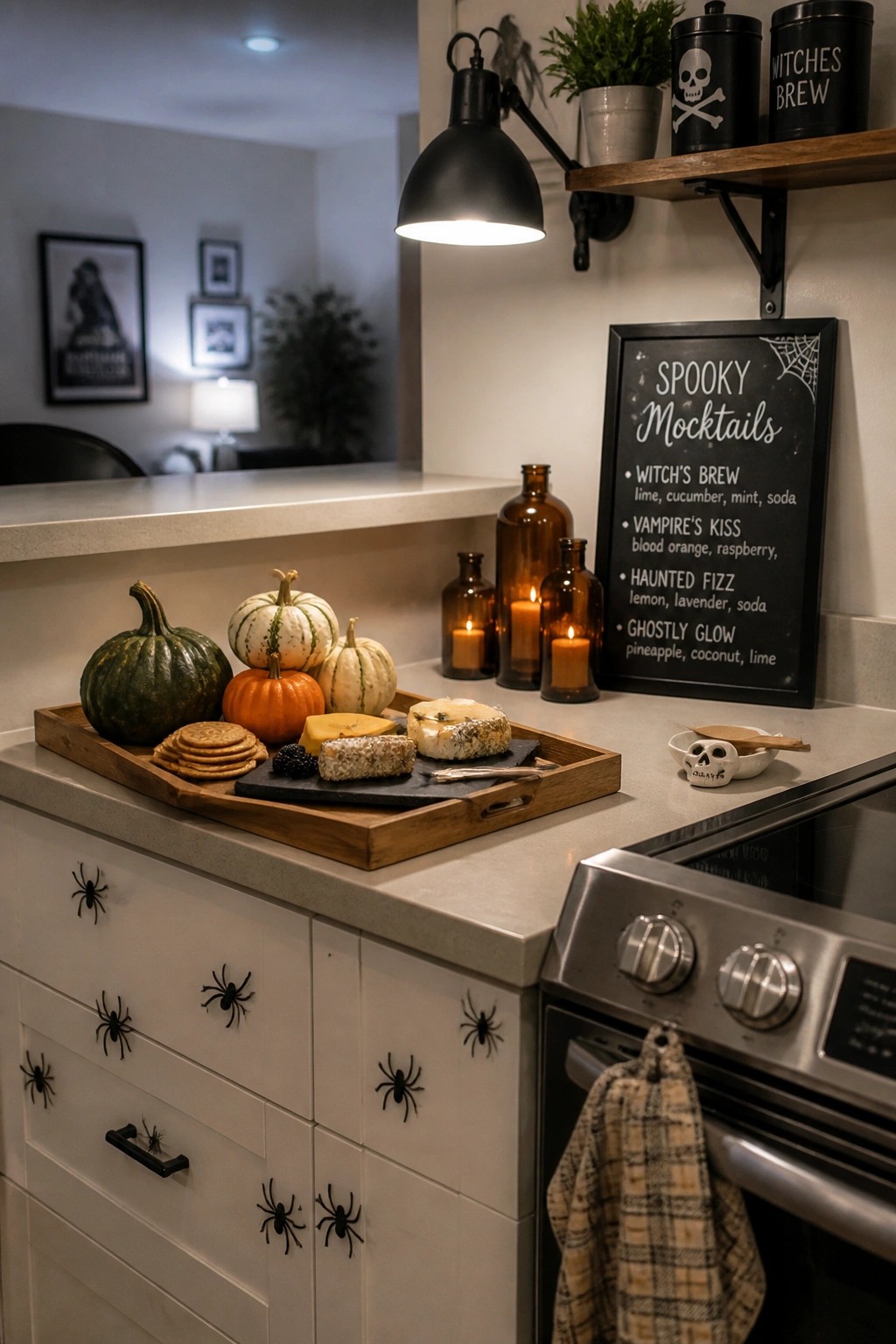 Halloween kitchen counter with pumpkin tray, cheese board, mocktail sign, and spider pulls