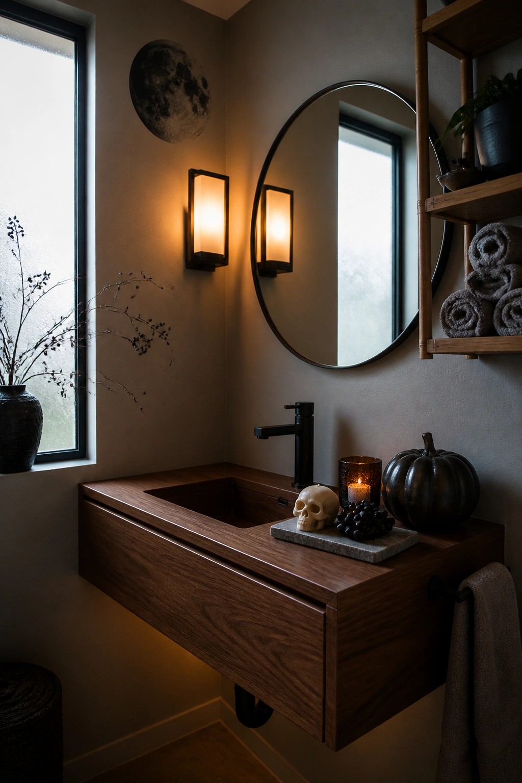 Moody bathroom with wooden floating sink, round mirror, skull decor, and pumpkin.