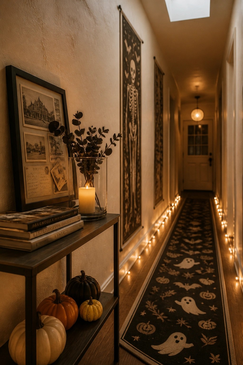 A narrow apartment hallway with a long dark runner rug patterned with ghosts, bats, and pumpkins, string lights along both baseboards, and a console table holding a lit candle, books, and small pumpkins.