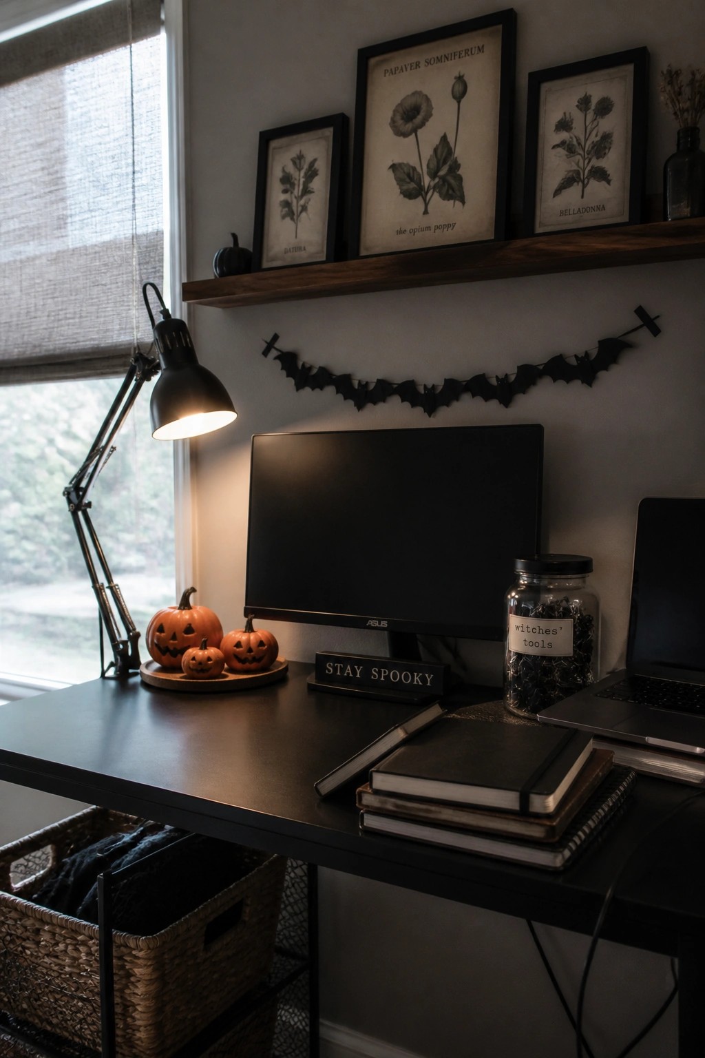 A dark desk setup with a monitor, laptop, small carved pumpkins on a tray, stacked notebooks, a lit desk lamp, and a black bat garland on the wall above.