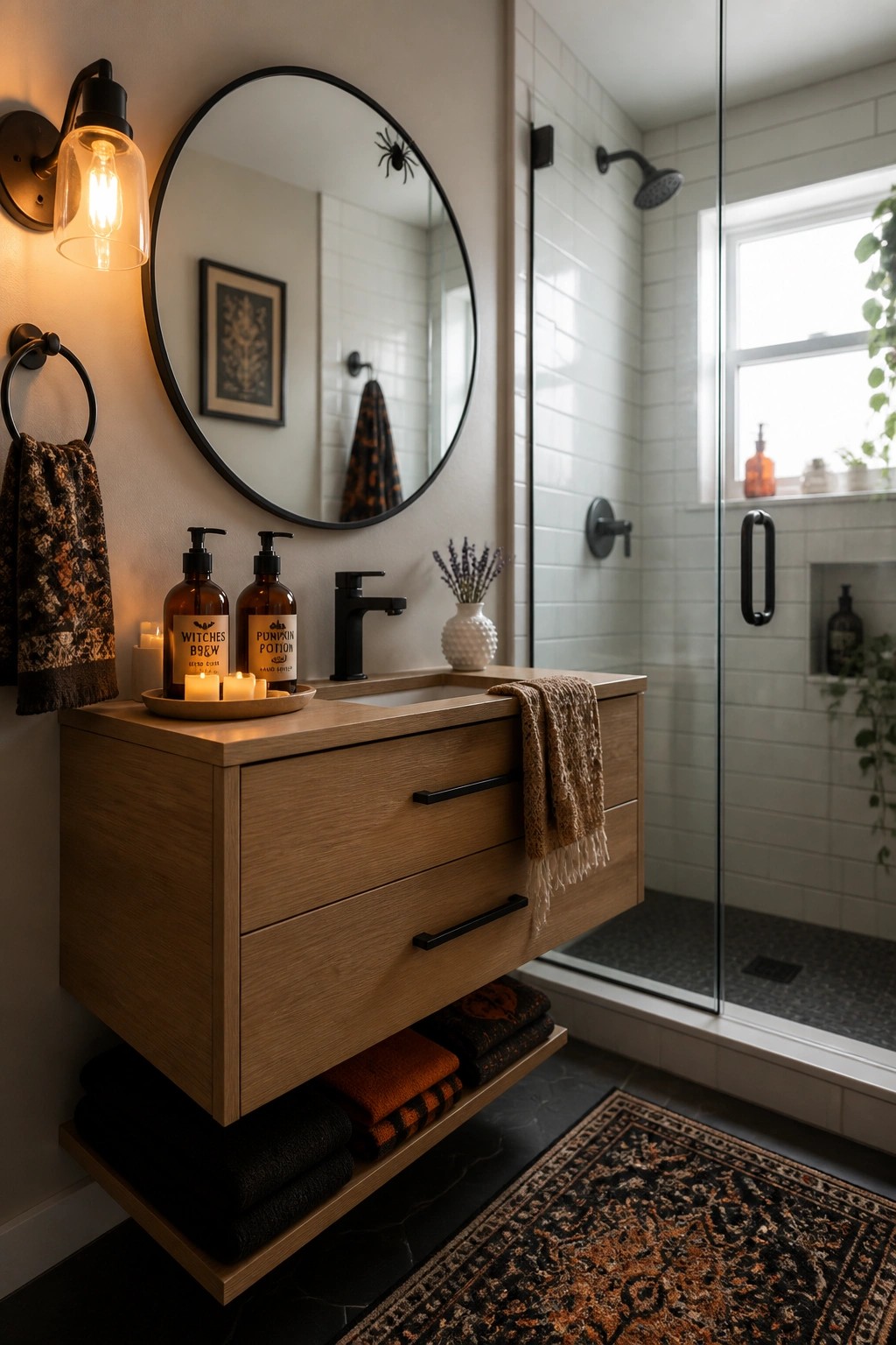 A bathroom vanity with a round mirror, two amber soap bottles labeled for Halloween, lit candles, and folded towels on an open shelf below.