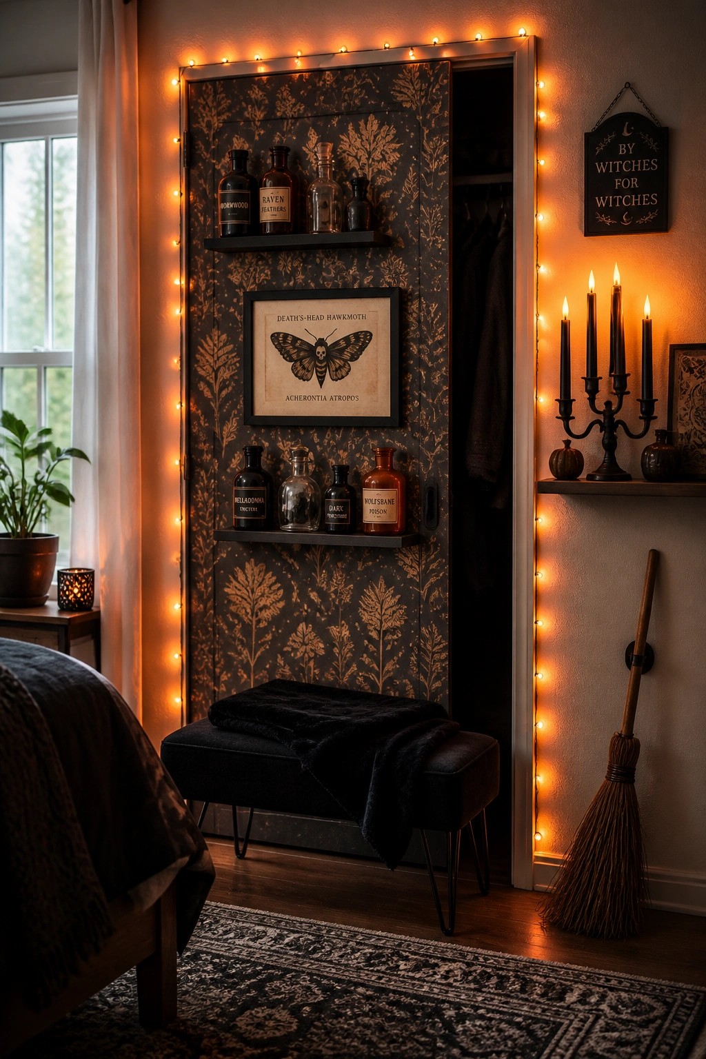 A bedroom door covered in dark patterned paper holds two floating shelves with labeled glass bottles and a framed moth print, outlined by string lights, with a bench and broom visible nearby.