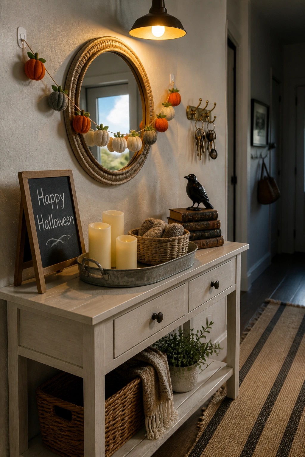 A light wood console table in a hallway with a pumpkin garland around a round mirror, a chalkboard sign, candles on a tray, and stacked books.