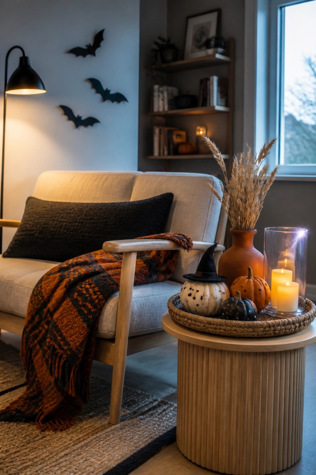 A light-colored sofa with an orange throw beside a round wooden side table holding a woven tray with small pumpkins, a witch hat, candles, and dried grass in a vase, with black bat cutouts on the wall.