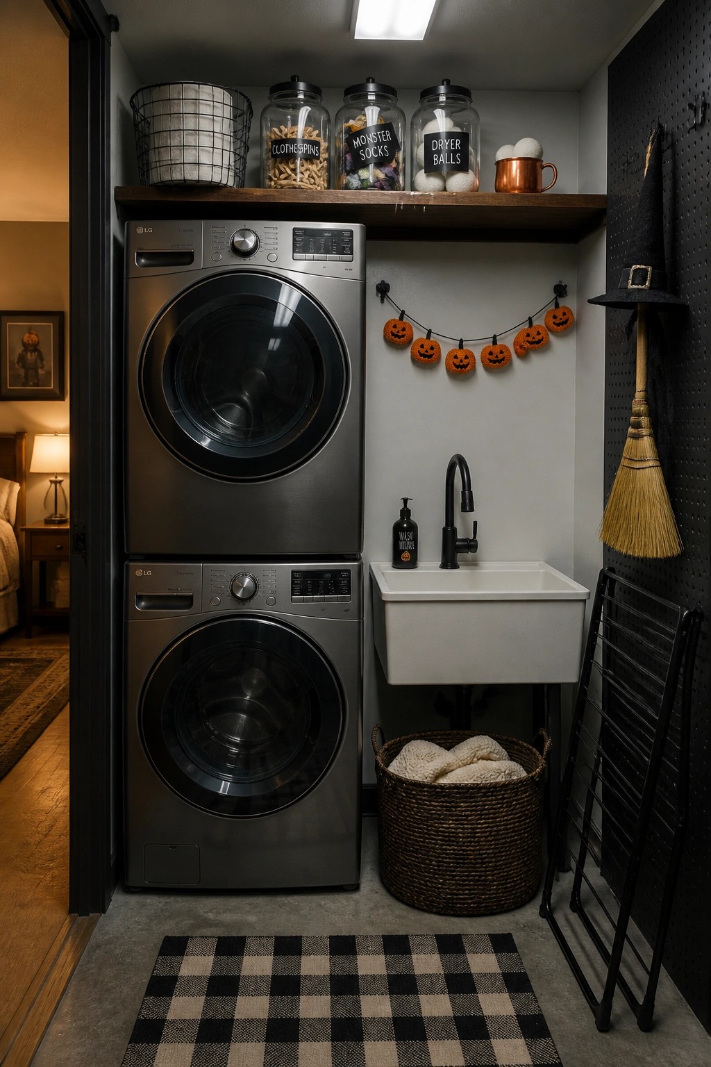 A stacked washer and dryer unit in a small laundry room with a white utility sink, Halloween pumpkin garland on the wall, a witch hat and broom on a pegboard, and labeled glass jars on a wooden shelf above the machines.