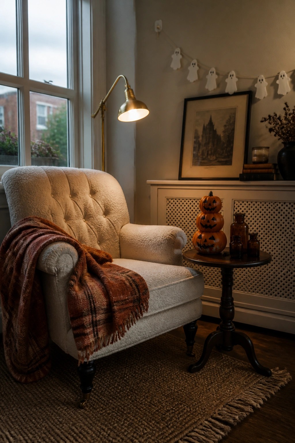 A white armchair with a plaid throw sits next to a round table holding three stacked jack-o'-lanterns, with a ghost garland strung along the wall above a framed picture.