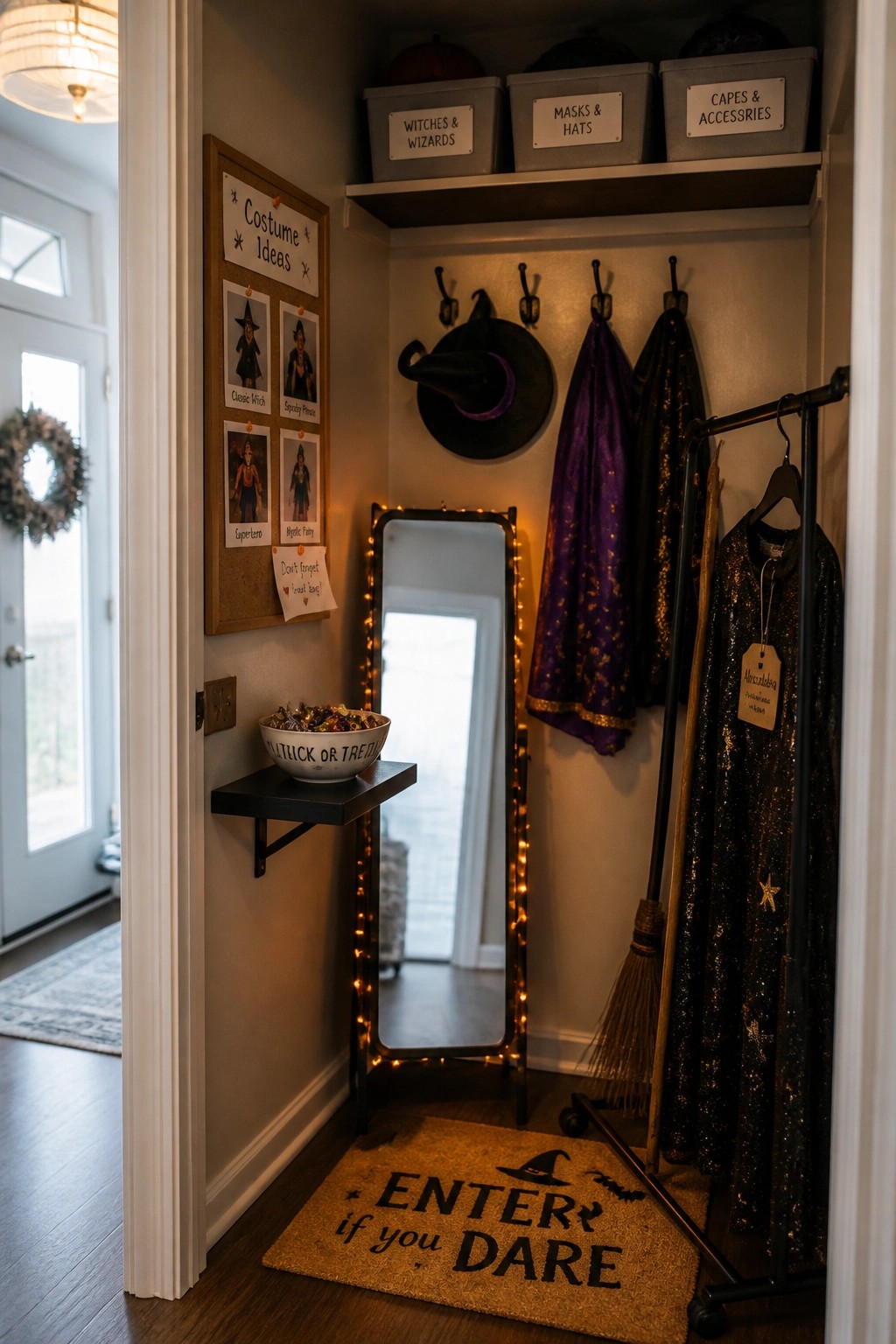 Halloween costume closet with labeled bins, hanging capes, witch hat, mirror, and candy bowl.