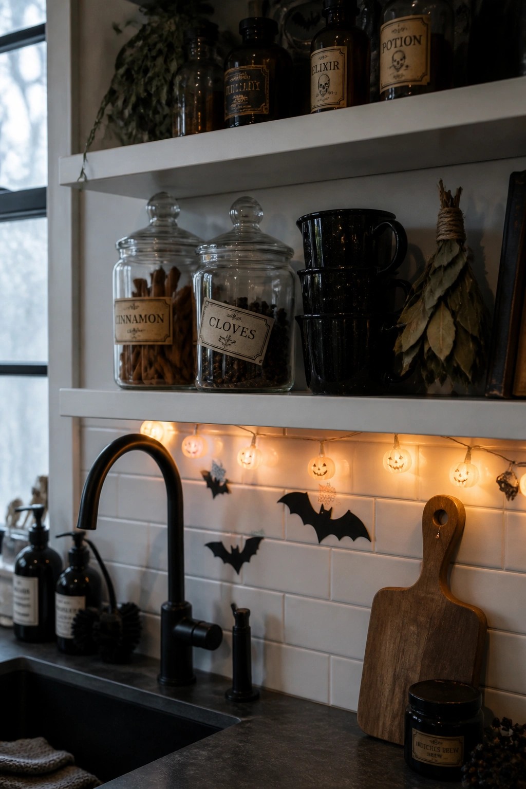 A kitchen with white open shelves holding glass jars of cinnamon and cloves, stacked black mugs, dried herbs, and pumpkin-shaped string lights above a black sink and faucet, with bat cutouts on the tile wall.