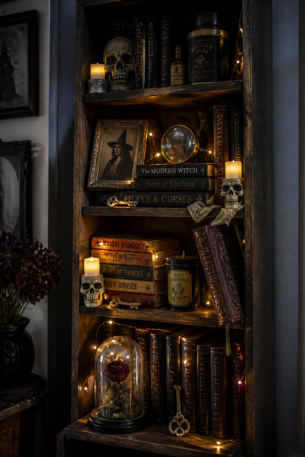 Dark wooden bookshelf with skulls, lit candles, witch books, and occult decor.