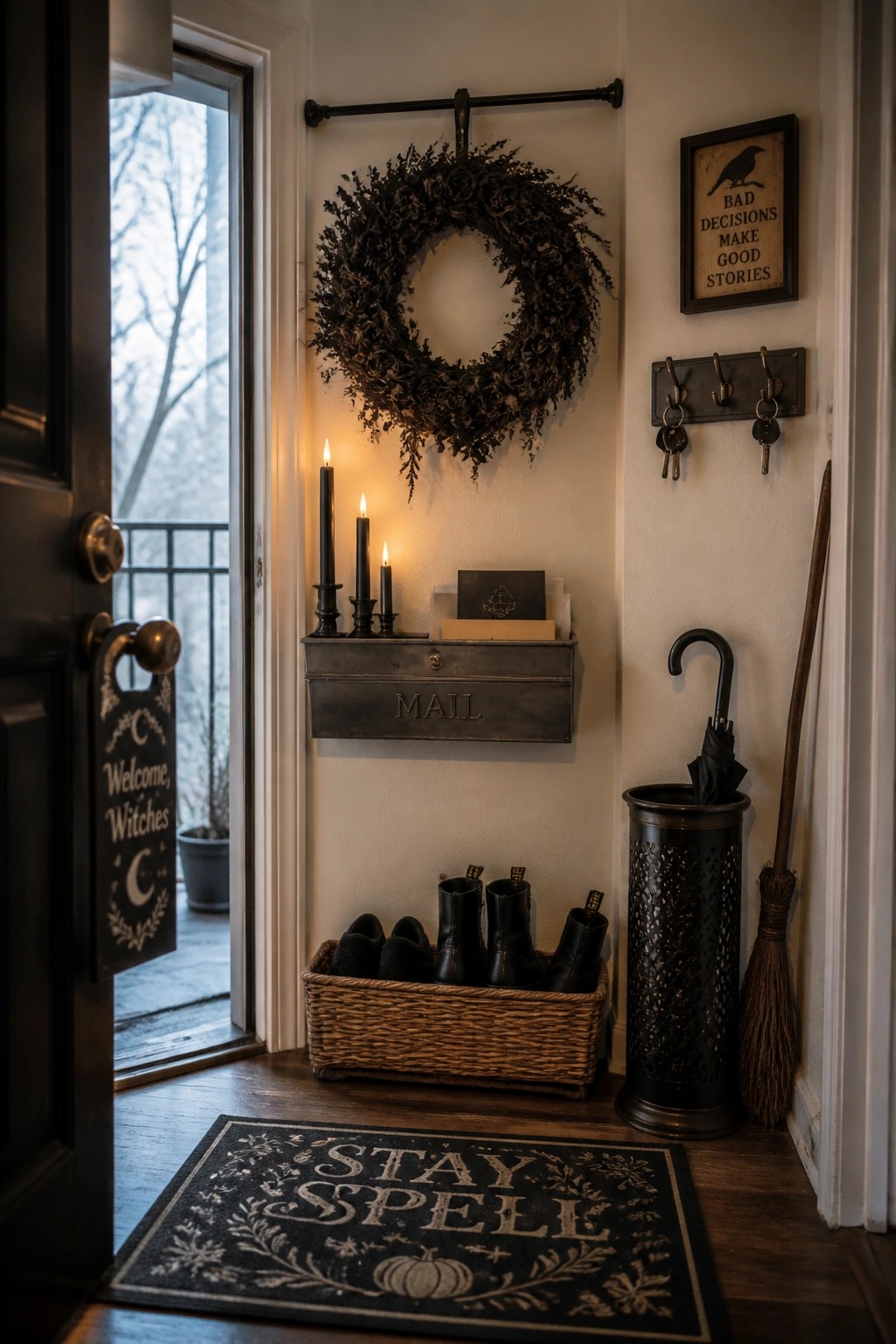A narrow indoor entryway features an open front door, a black doormat with the text Stay Spell, a dark wreath hanging above a metal mail holder, and a basket of boots on the wood floor.