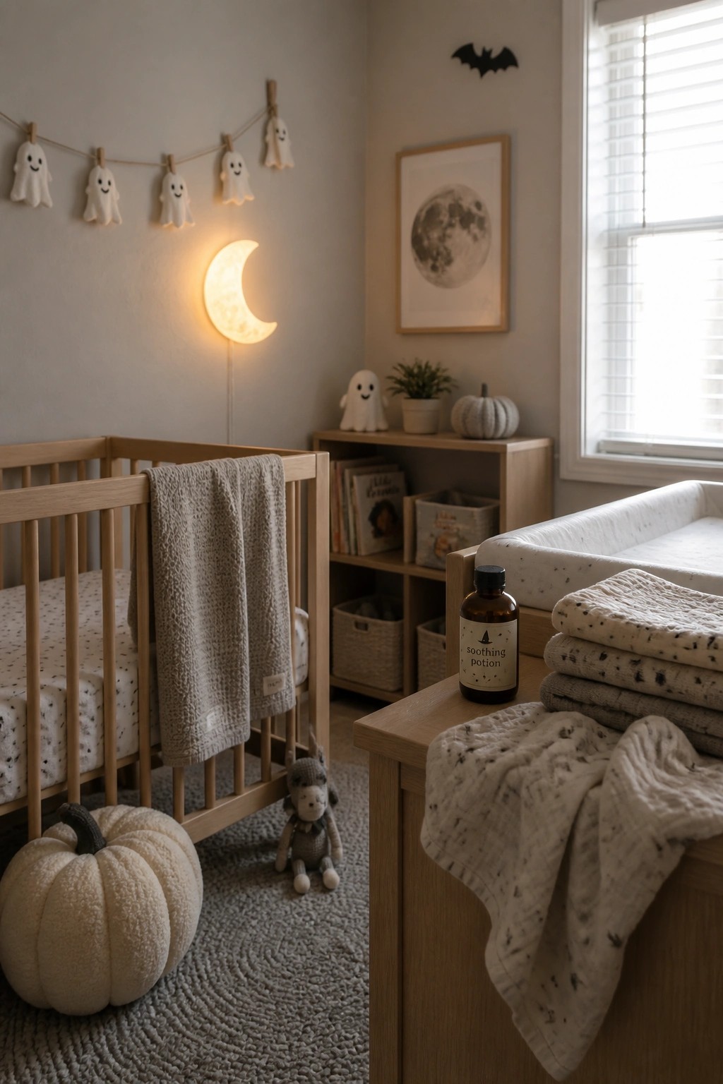 A child's room with a wooden crib, ghost garland on the wall, crescent moon lamp, white pumpkins, and folded blankets on a changing table.