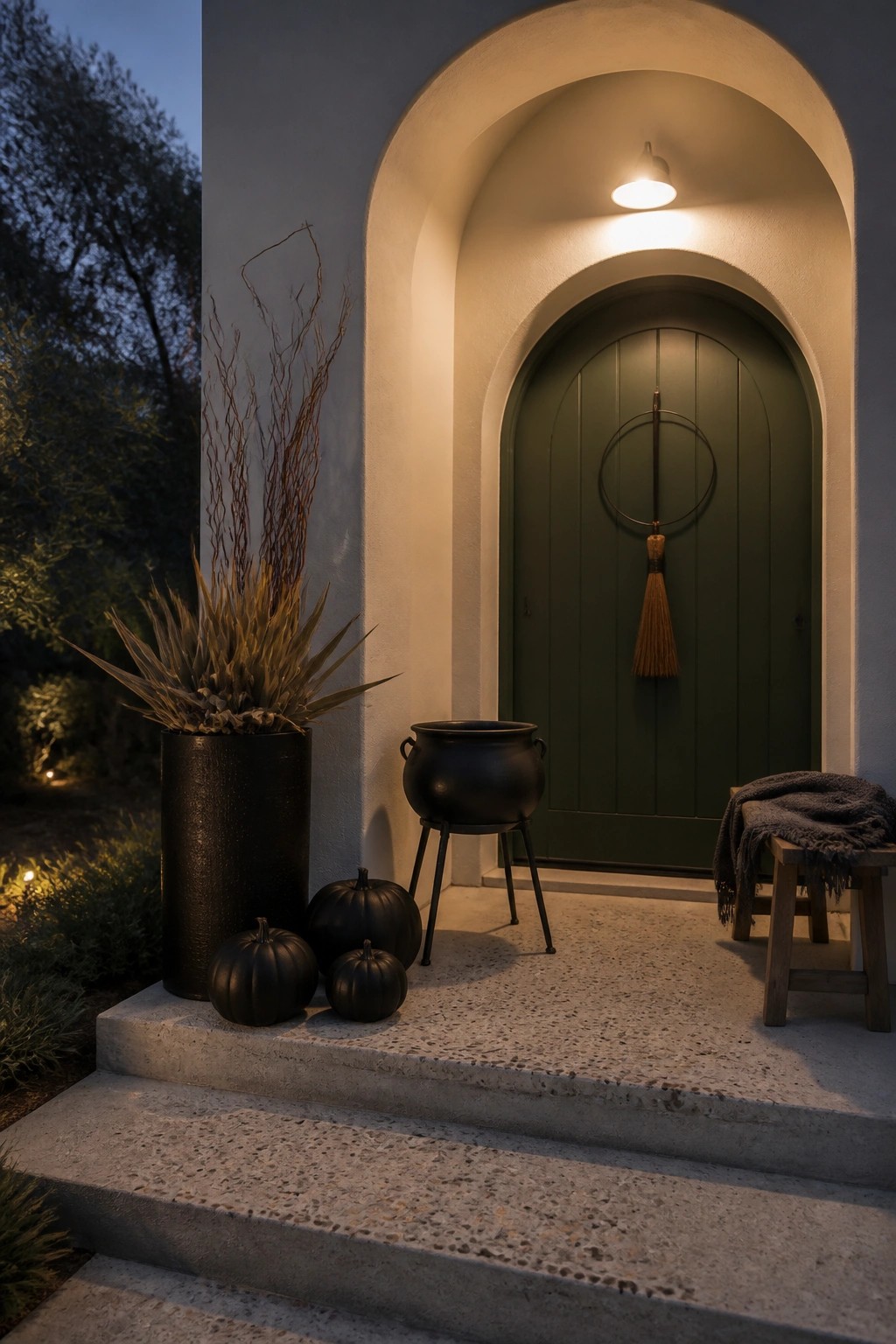 Front steps leading to a green arched door, with a black cauldron on a stand, several black pumpkins, and a tall black planter at the base of the wall.