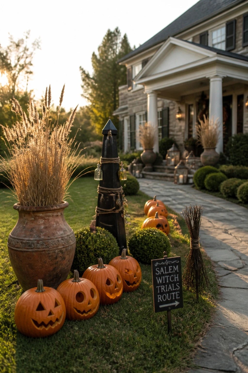 A front yard decorated for Halloween with carved pumpkins on the grass, a black obelisk structure, a sign reading 