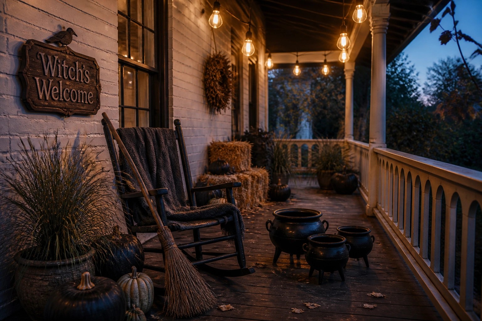 A wooden porch at dusk with a black rocking chair draped in dark fabric, a broom leaning against it, pumpkins on the floor, and string lights overhead.