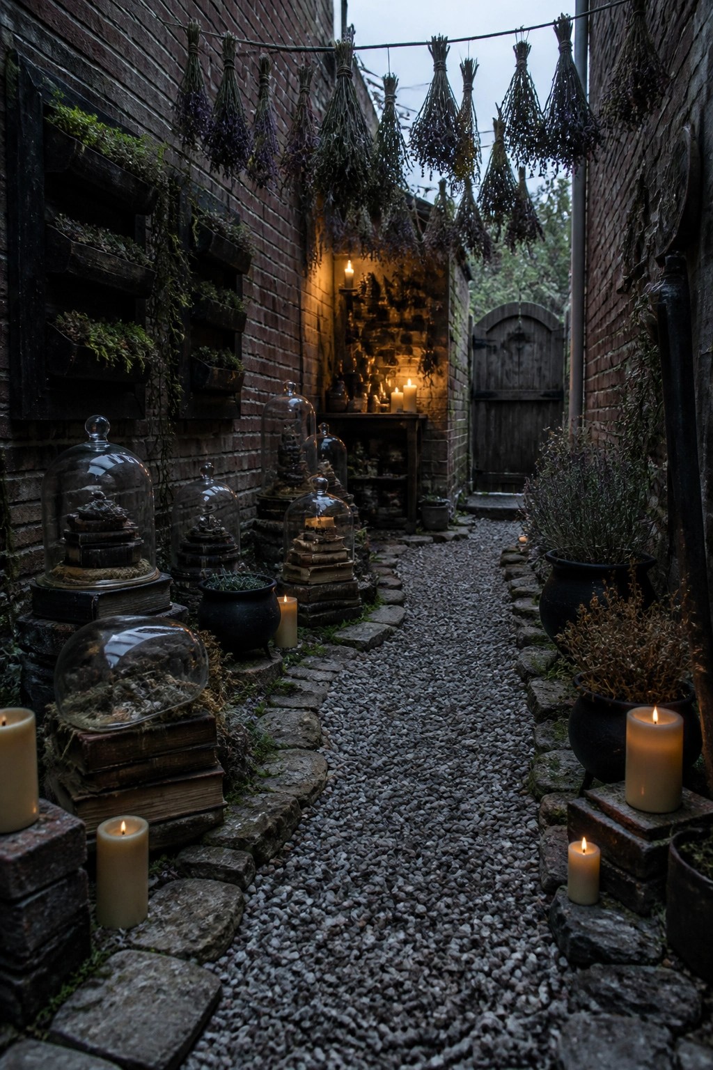 A narrow gravel path between brick walls with hanging bundles of dried herbs, lit candles, and glass domes covering stacked books.