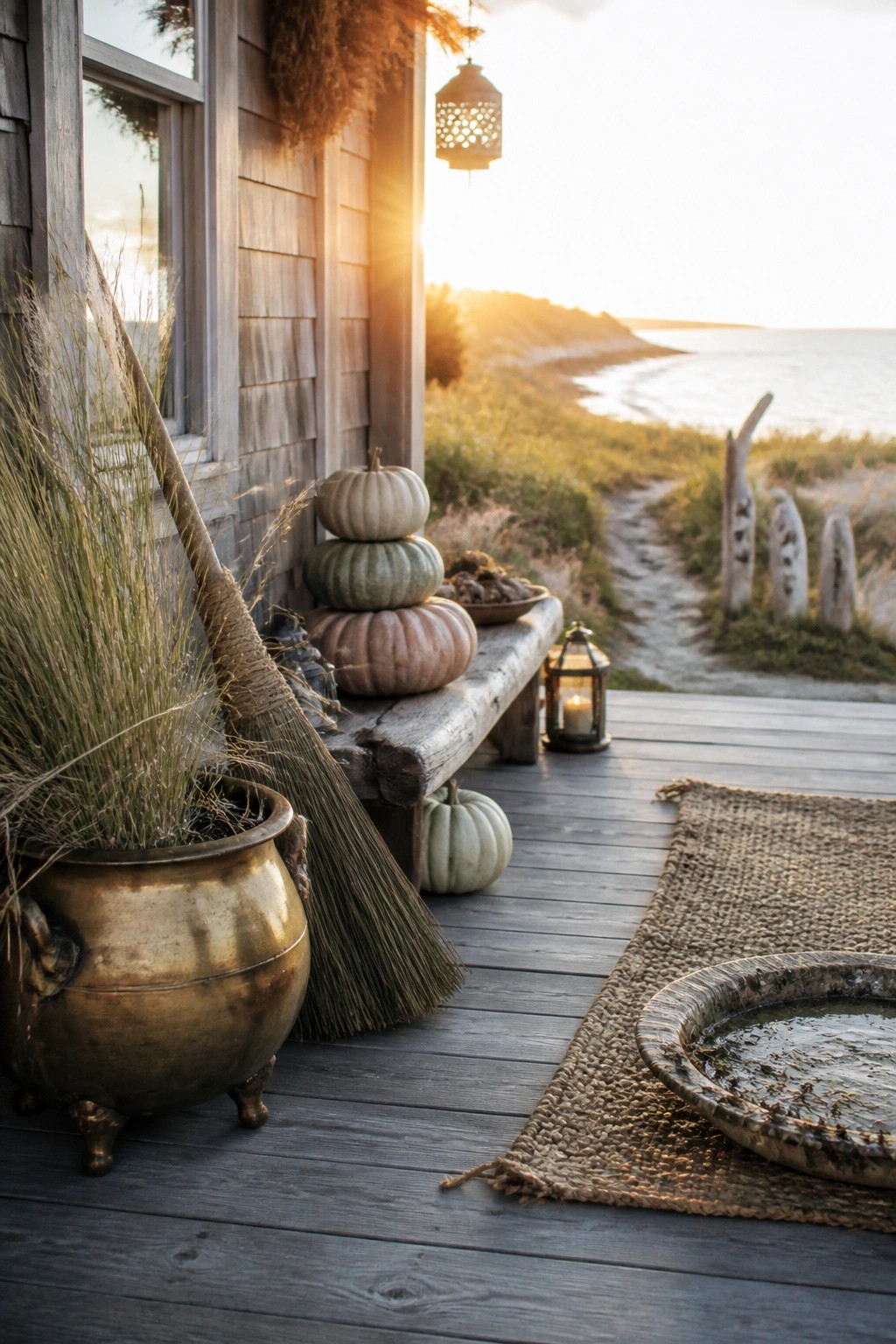 A wooden porch with stacked pumpkins on a bench, a broom, a brass cauldron with dried grass, and a lantern near a woven rug.