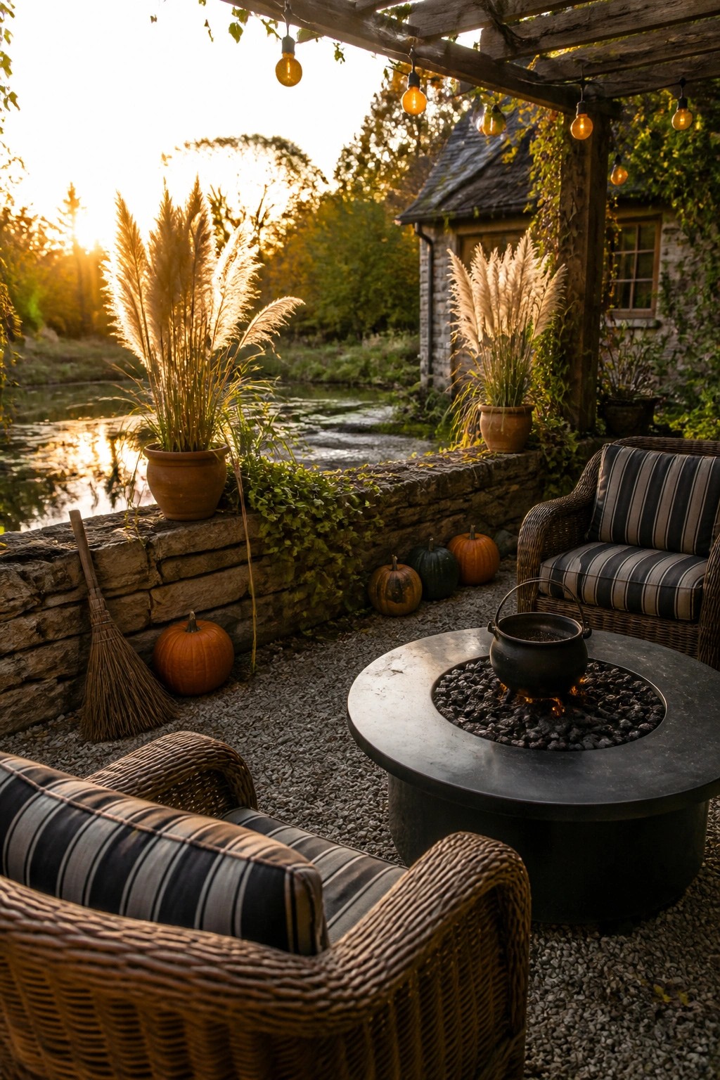 Outdoor patio with wicker chairs, a round fire pit holding a black cauldron, pumpkins along a stone wall, and string lights overhead at sunset.