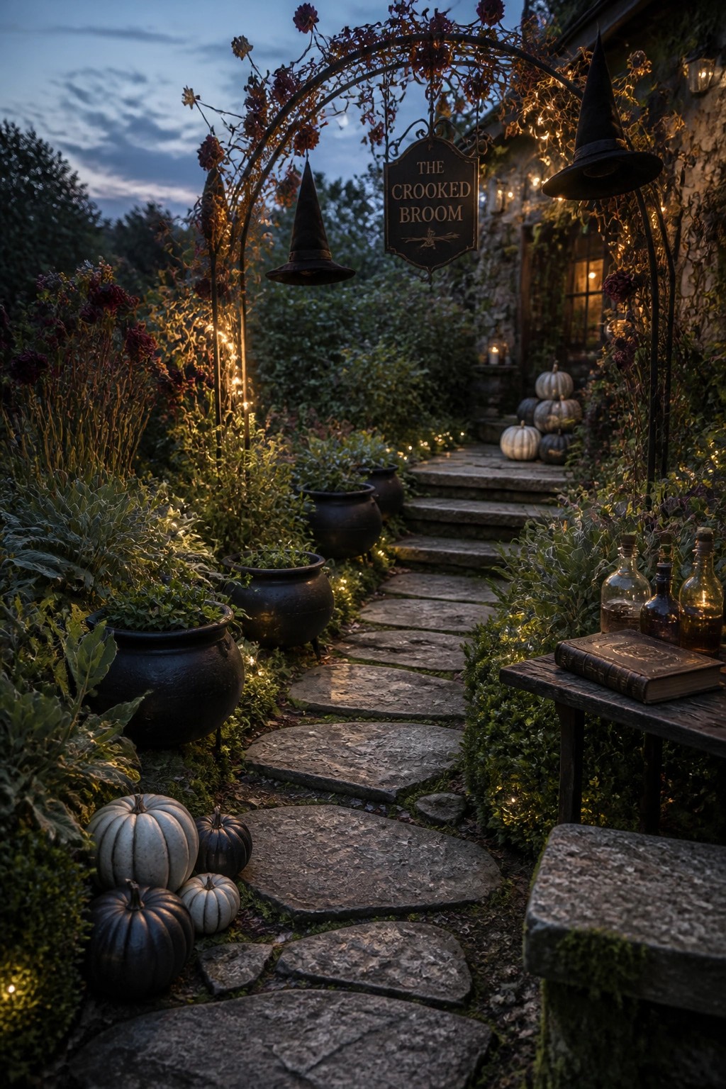 A winding stone path leads through a garden lined with black cauldrons, pumpkins, string lights, and a hanging sign that reads 