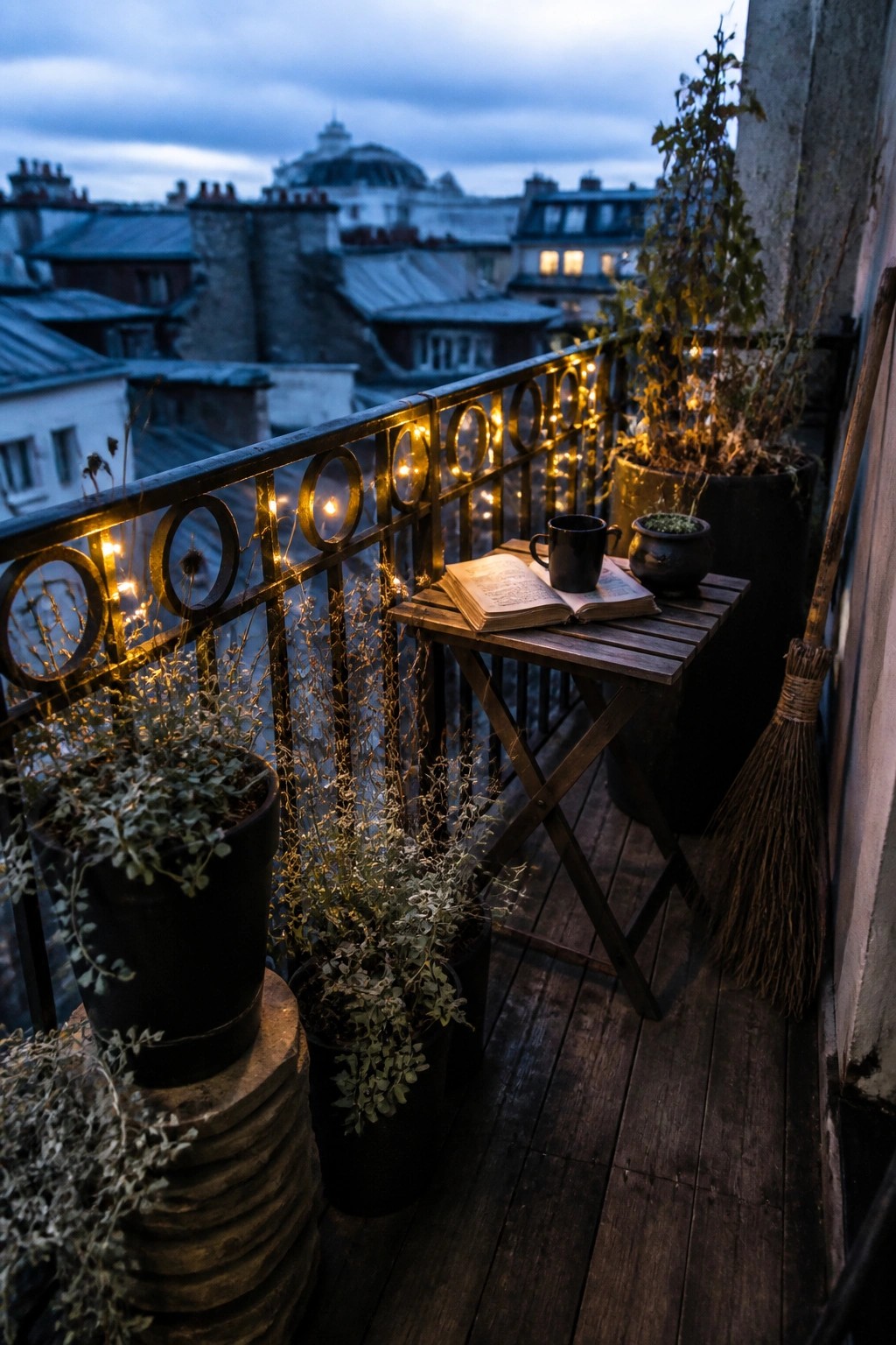 A dusk view of a wooden balcony with string lights wrapped around a metal railing, potted plants, a small table holding an open book and mug, and a broom leaning against the wall.