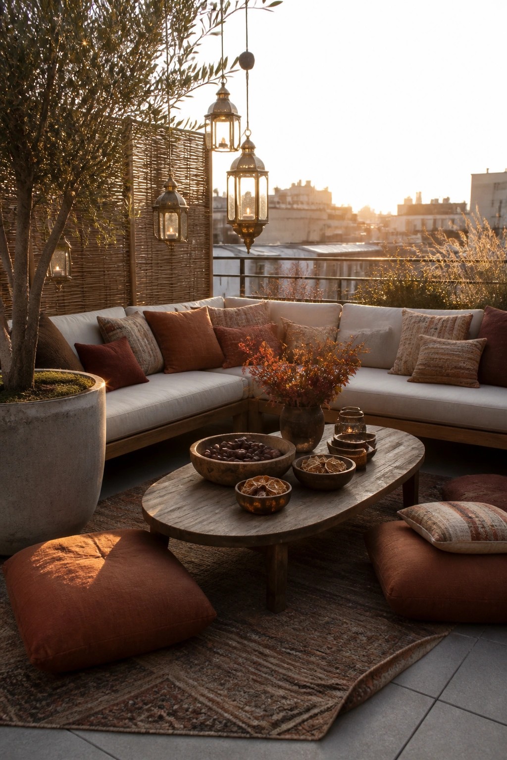 A boho-style outdoor terrace with an L-shaped sectional sofa, wooden coffee table, hanging lanterns, woven screen, potted tree, and layered pillows and rug at sunset.