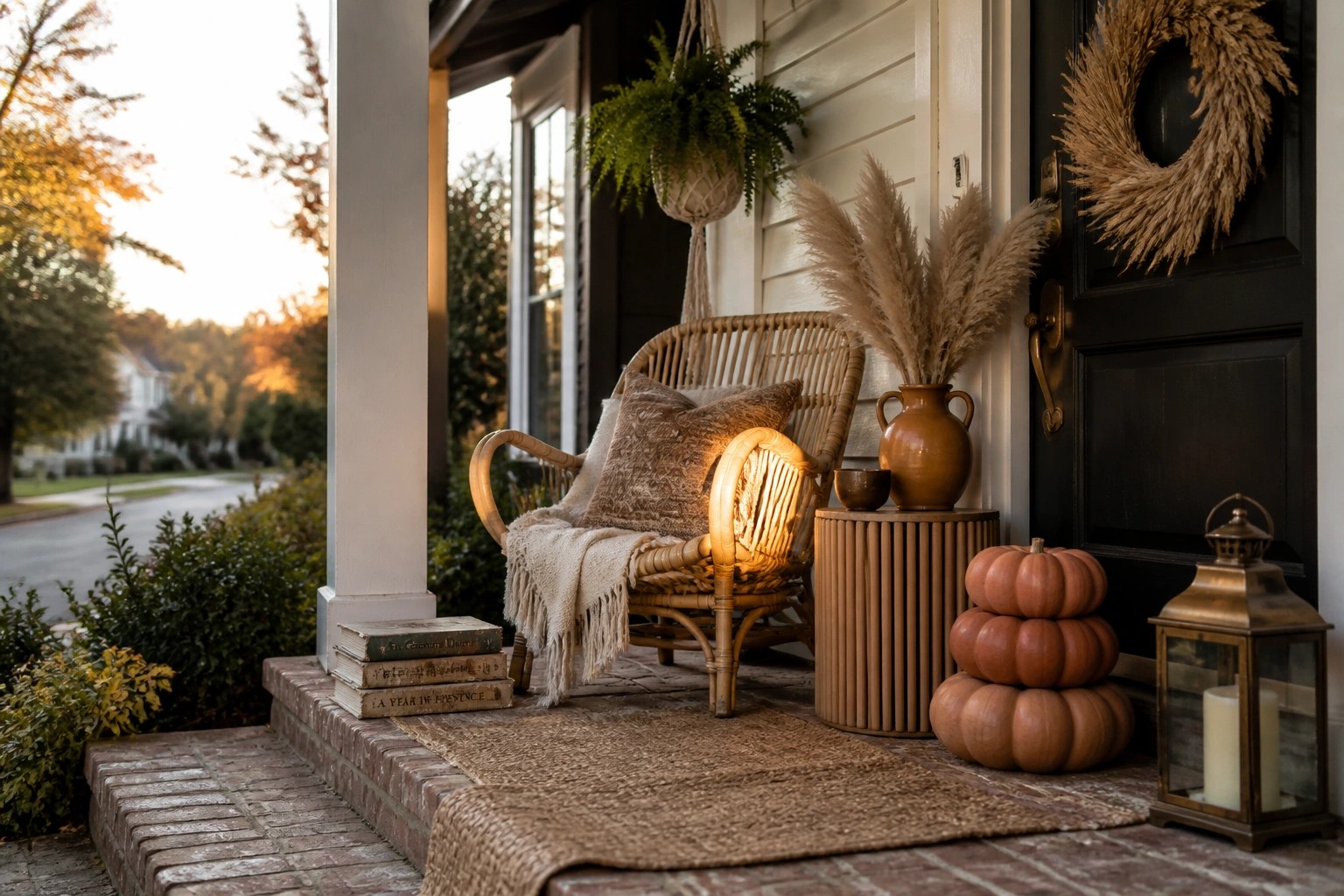 A front porch with a wicker chair on a jute rug, surrounded by pumpkins, a hanging plant, a lantern, and a black door with a dried wreath.