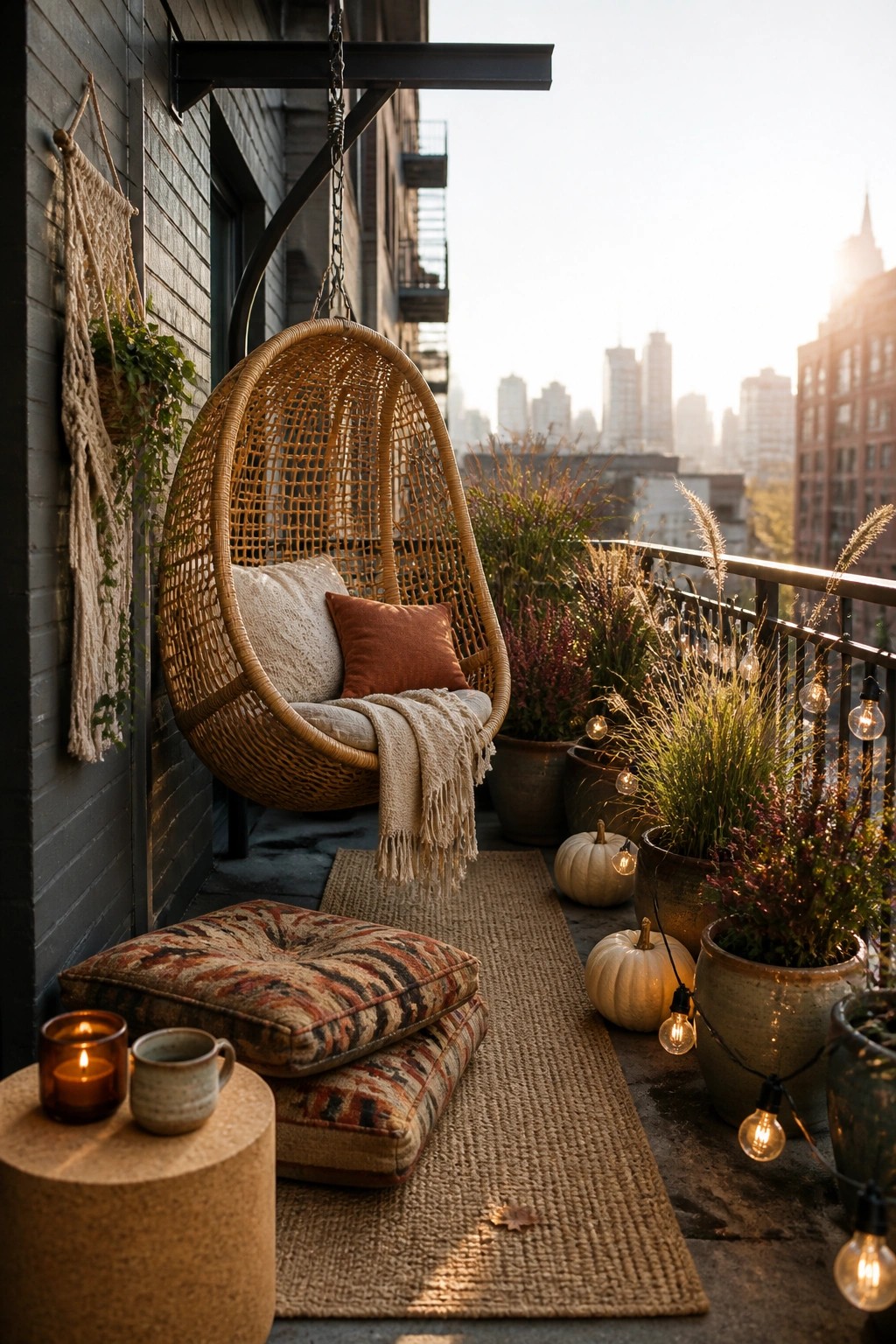 A hanging woven egg chair with cushions and a throw blanket sits on a city balcony surrounded by potted plants, string lights, and small pumpkins.