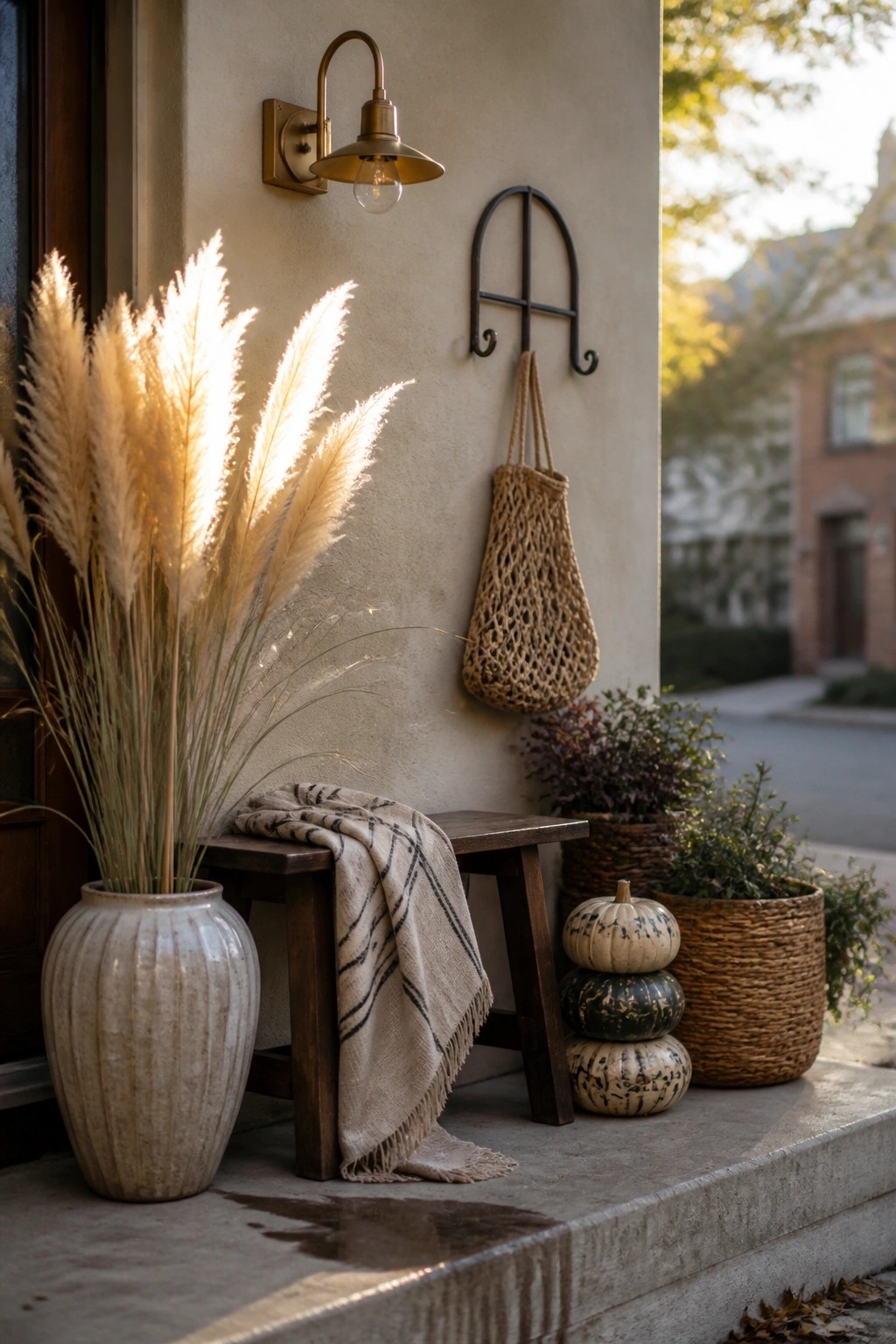 Pampas grass vase beside bench with blanket, pumpkins, and macrame bag on porch