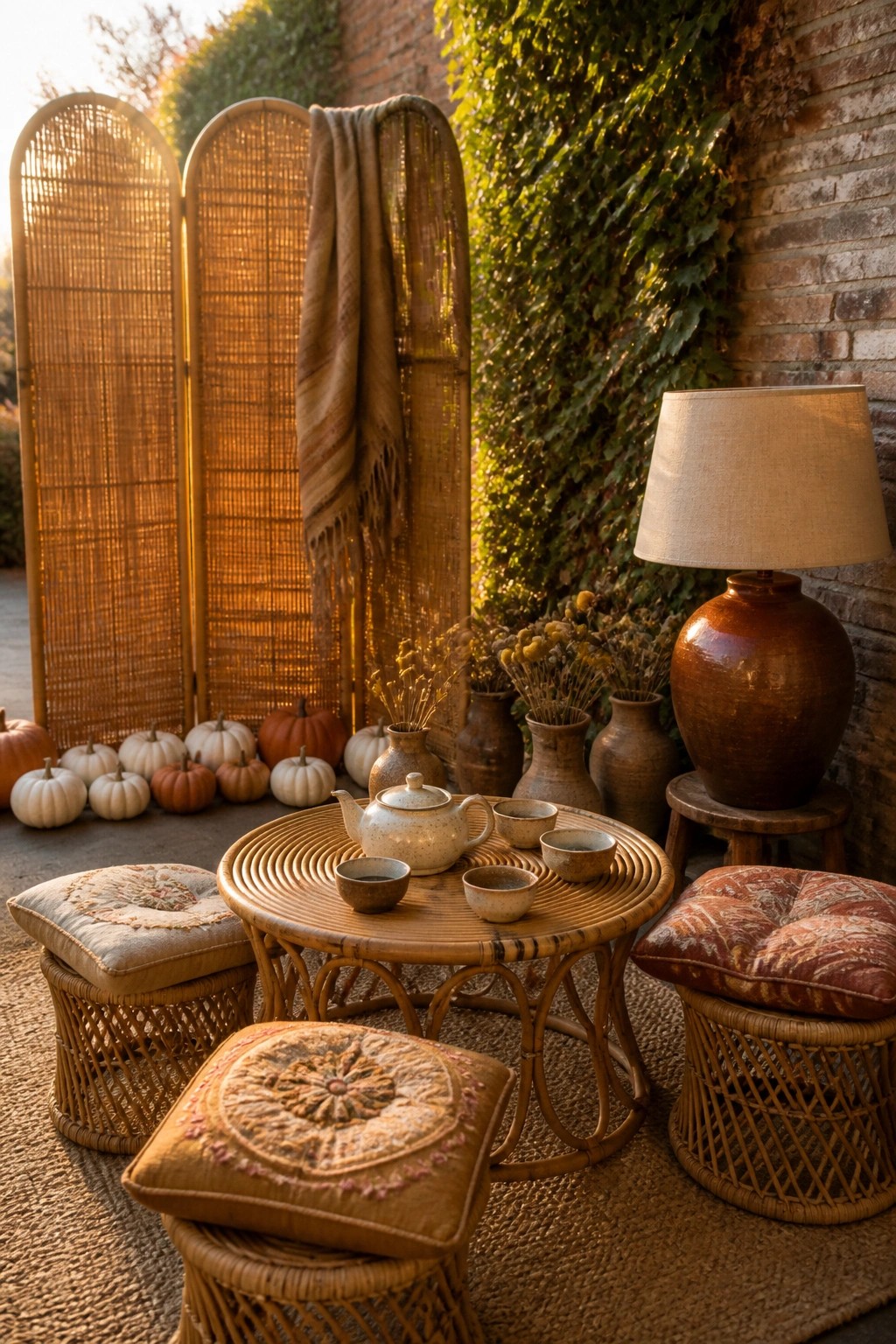 An outdoor seating area with a round rattan table holding ceramic cups and a teapot, surrounded by woven stools with embroidered cushions, a tall woven screen, and ceramic vases near a brick wall.