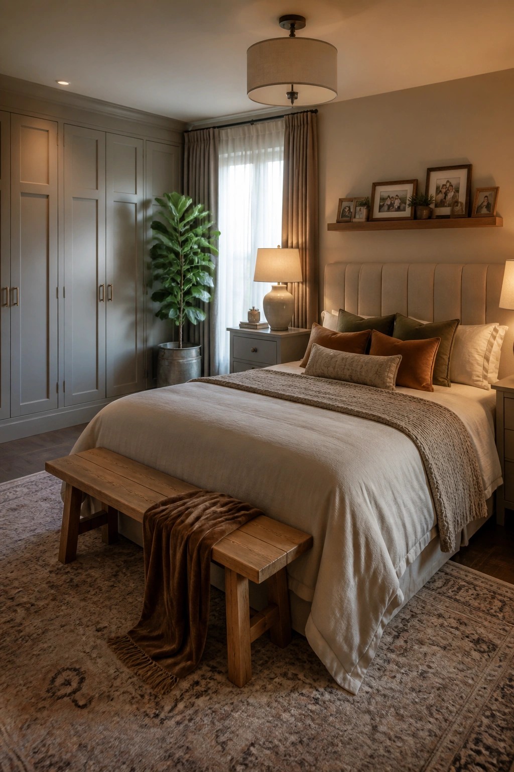A bedroom with a large bed dressed in neutral linens, a wooden bench at the foot holding a brown throw, and a tall plant near a window.