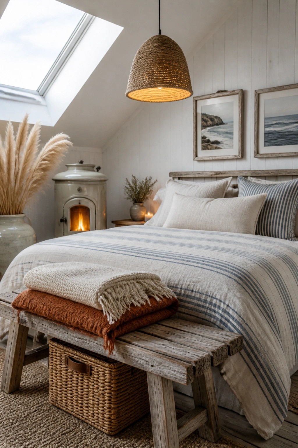 A bedroom with a bed dressed in striped linens, a wooden bench holding folded blankets at the foot, a woven pendant light, and a small stove visible in the background.