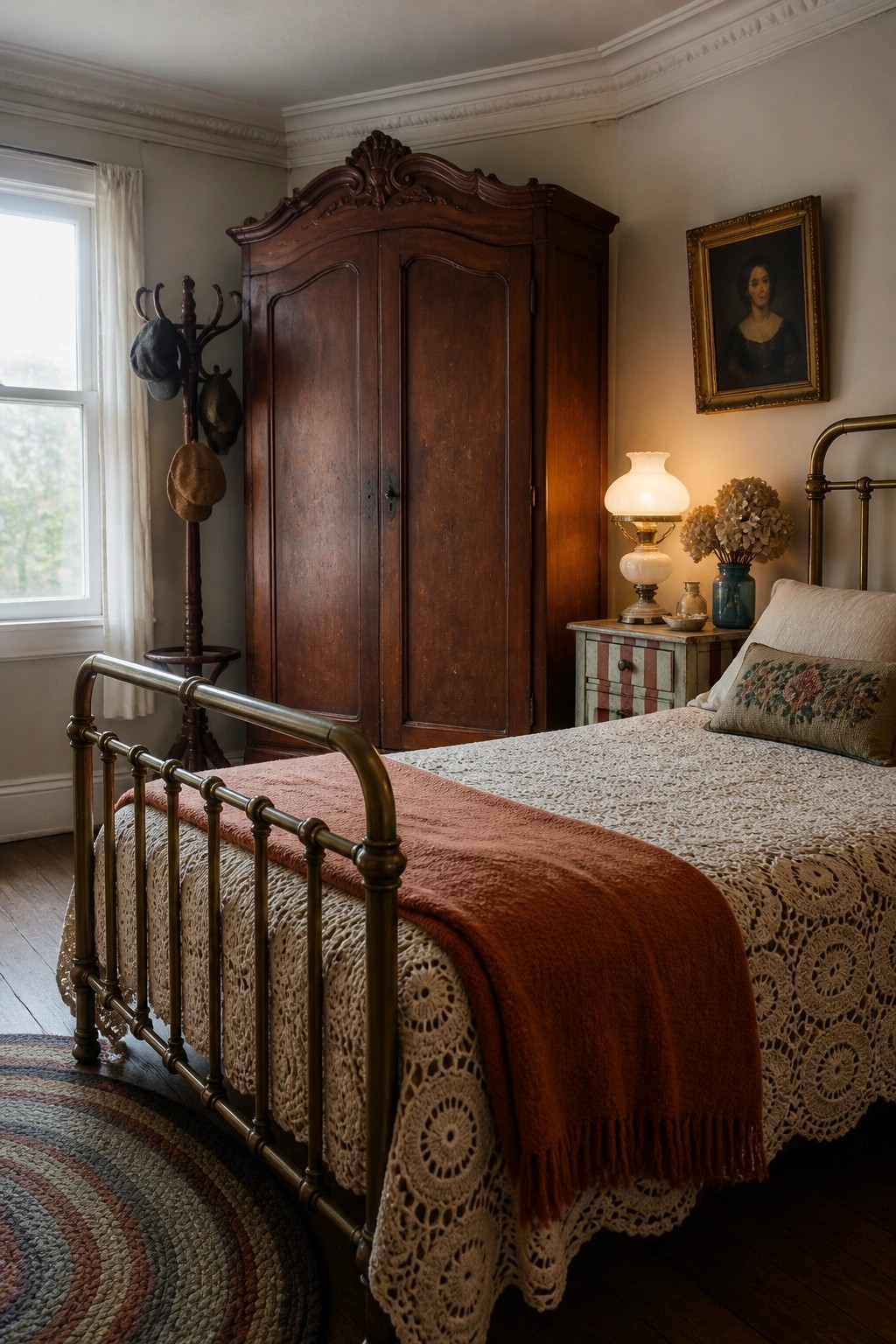 Vintage bedroom with brass bed, crocheted coverlet, wooden wardrobe, and glowing oil lamp.