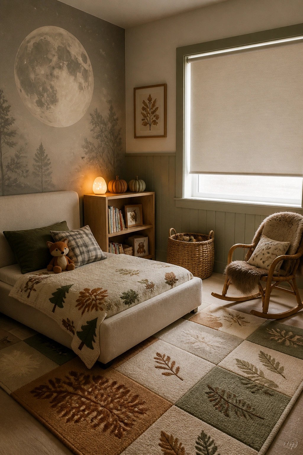 Cozy children's bedroom with moon mural, fox toy, rocking chair, and leaf rug