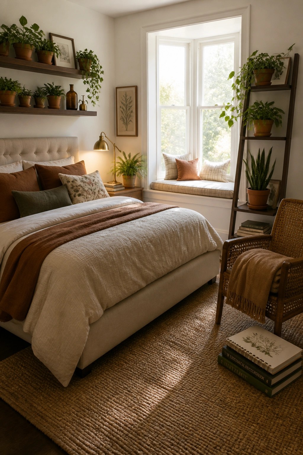 A bedroom featuring a bed with white and brown bedding, multiple potted plants arranged on wall-mounted wooden shelves and a leaning ladder shelf, a window with a cushioned seat, and a woven chair on a jute rug.