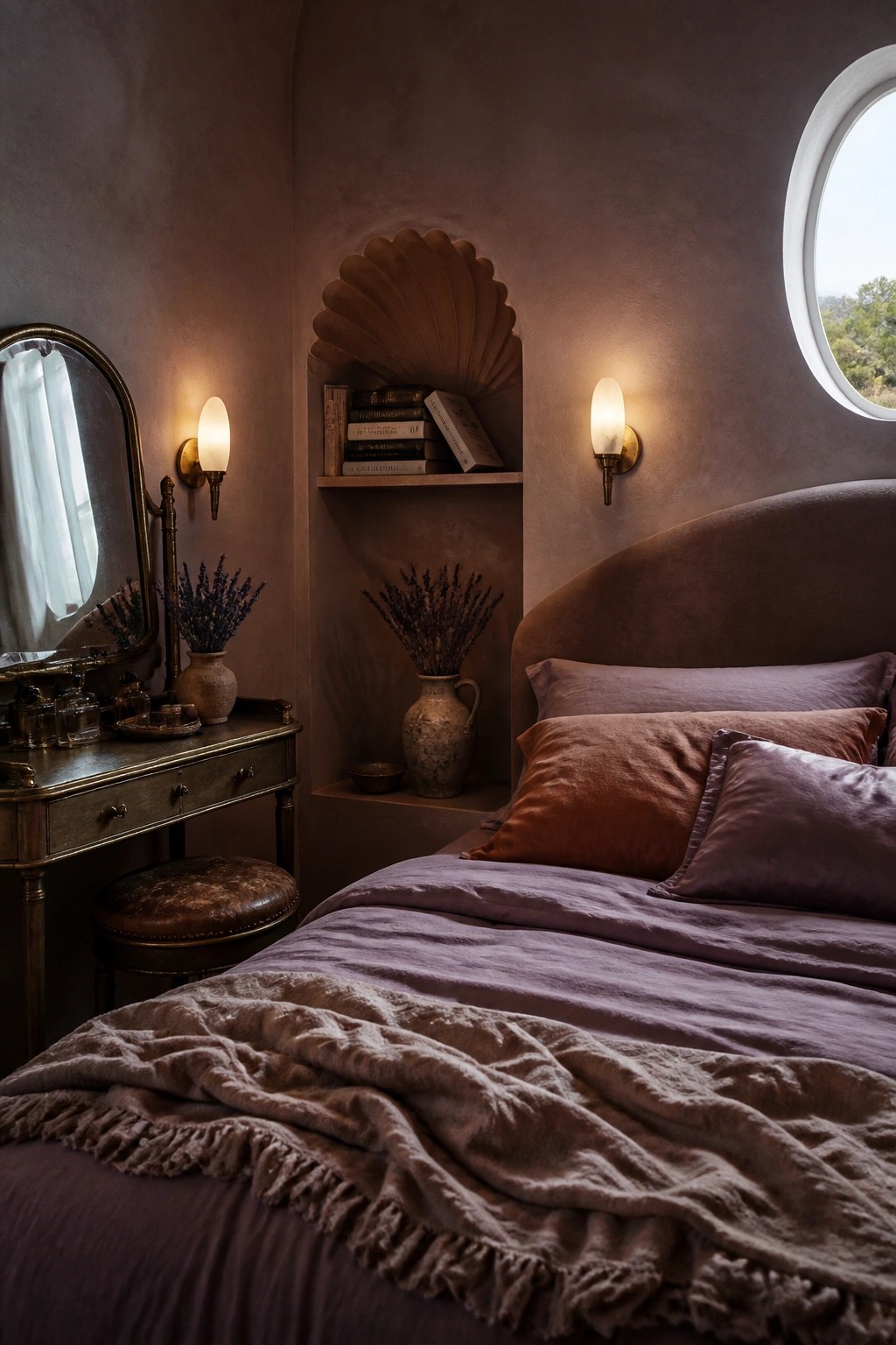 A bedroom featuring a large upholstered bed with purple linens, a shell-shaped built-in niche holding books and pottery vases, and two wall sconces.