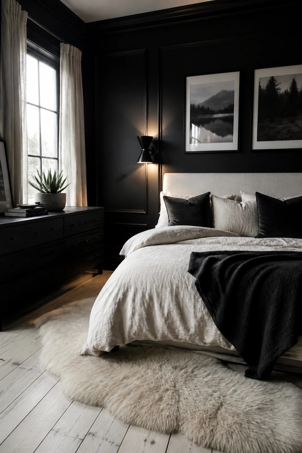 A bedroom with black walls, a bed dressed in white and black linens, a white fur rug on light wood floors, and two framed black and white photos above the bed.