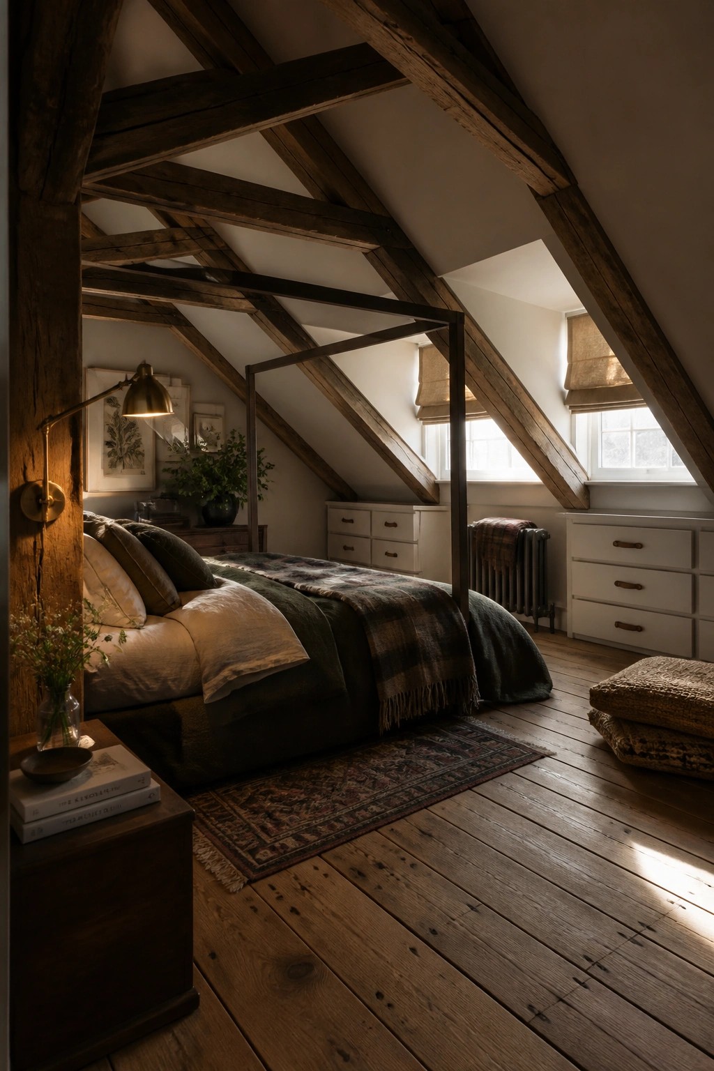 An attic bedroom with exposed dark wooden beams, a four-poster bed dressed in layered earth tones, and sunlight coming through small windows.