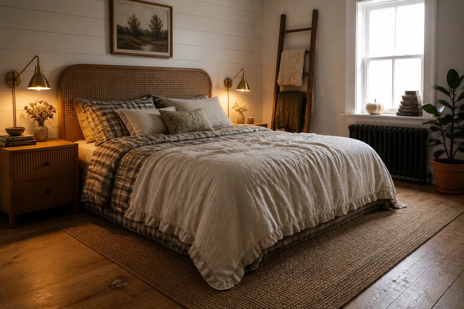 A bedroom featuring a bed with ruffled neutral linen bedding, plaid pillows, two wall sconces, a wooden ladder with blankets, and a woven rug on hardwood flooring.