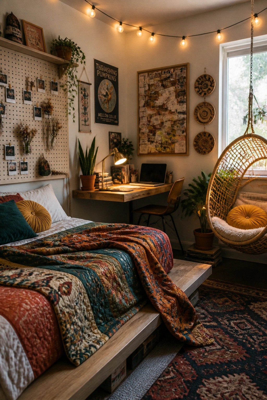 Cozy bohemian bedroom with colorful quilted bed, wooden desk, hanging chair, string lights