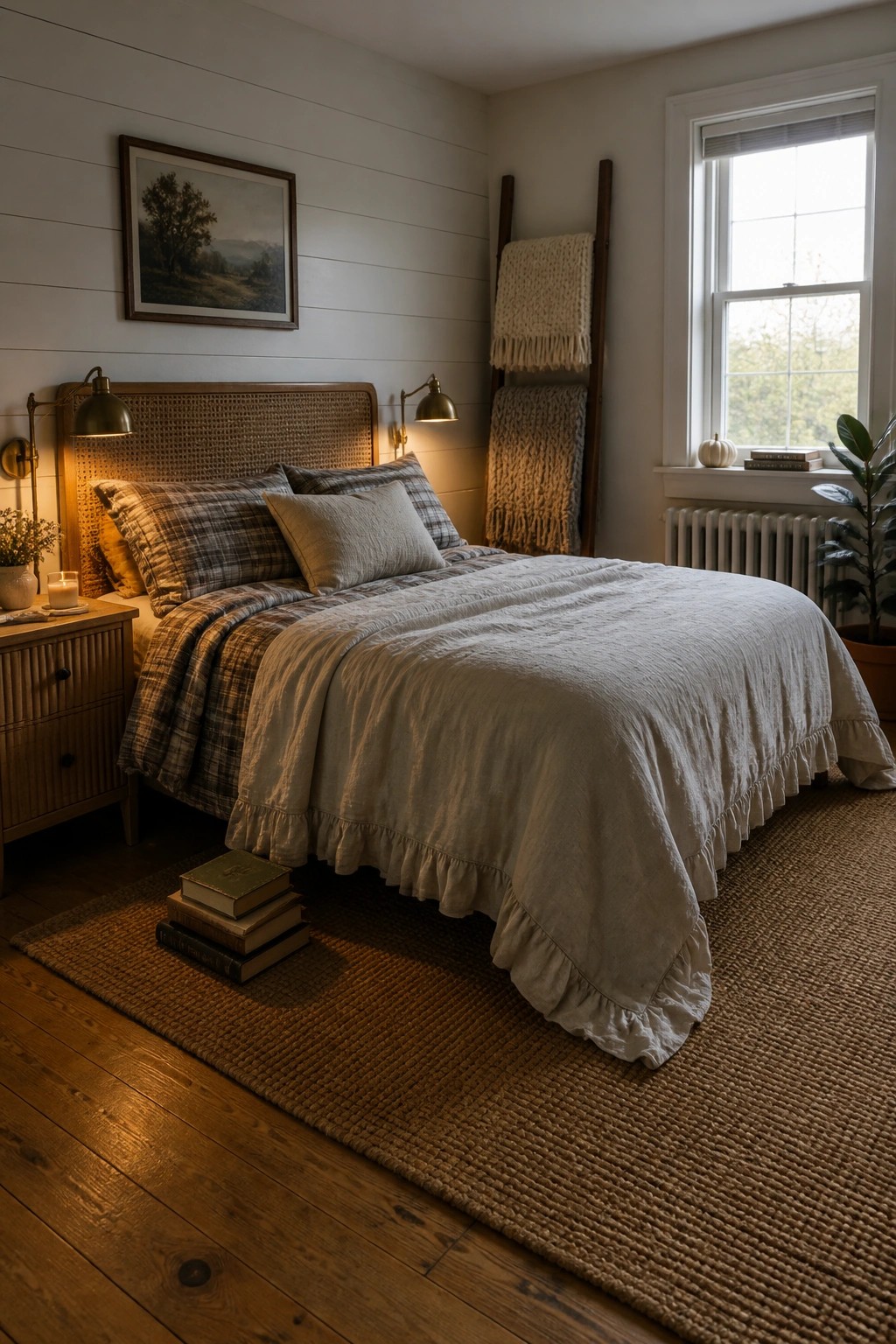 A bedroom featuring a bed with ruffled neutral linen bedding, plaid pillows, two wall sconces, a wooden ladder with blankets, and a woven rug on hardwood flooring.