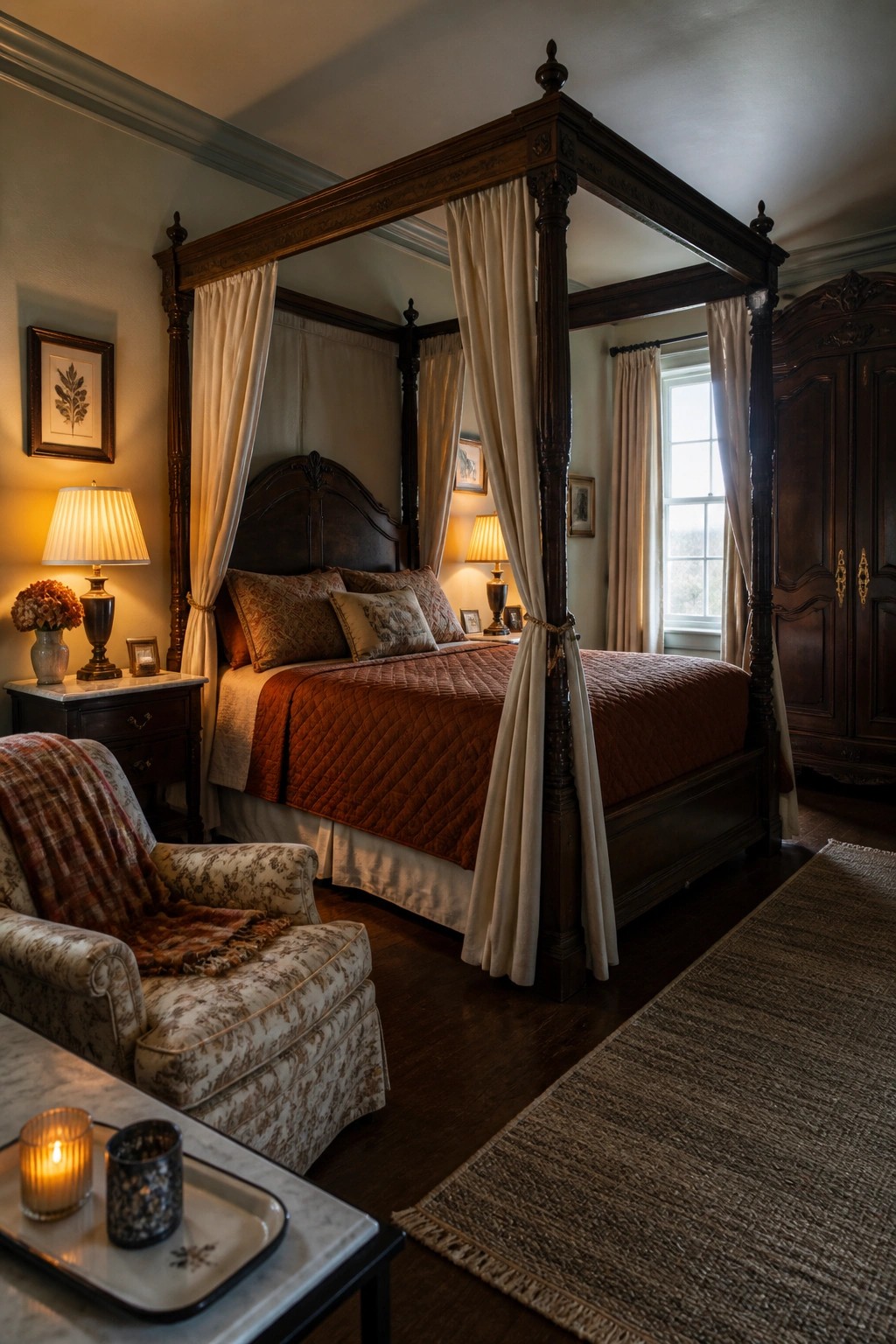 Traditional bedroom with dark wood four-poster bed, rust quilt, and floral armchair.