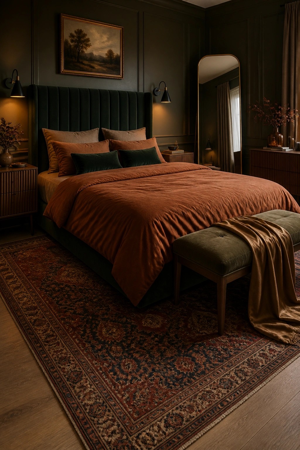 A bedroom with a large bed covered in rust-colored bedding, green pillows, dark green walls, a patterned rug, and a bench at the foot of the bed.