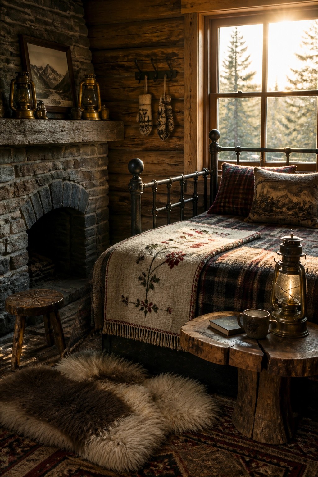 A rustic bedroom with a metal bed dressed in plaid and embroidered wool blankets, a stone fireplace on the left, and a sheepskin rug on a patterned floor covering.